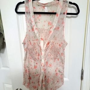 Rvca sheer button up tank with pink roses in two patterns size large